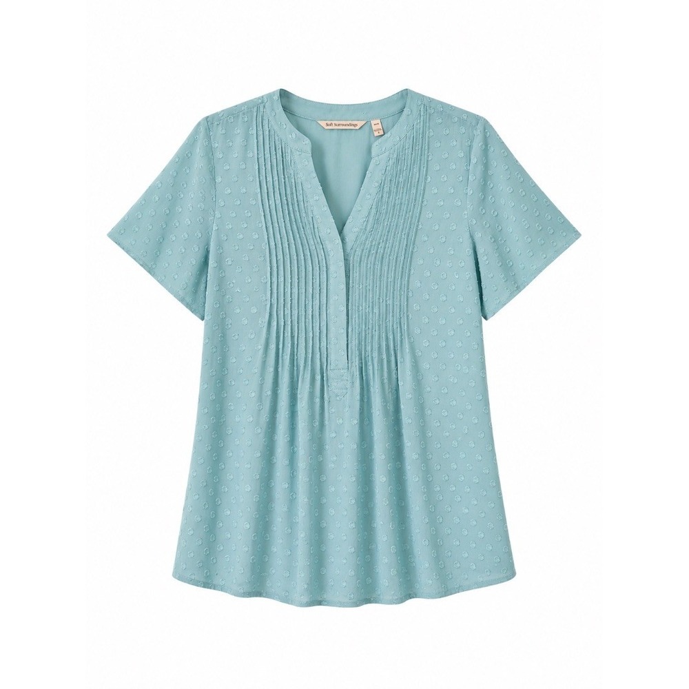Soft Surroundings Womens Blouse Top Aqua‎ Blue Pintuck Swiss Dot Rayon PXS